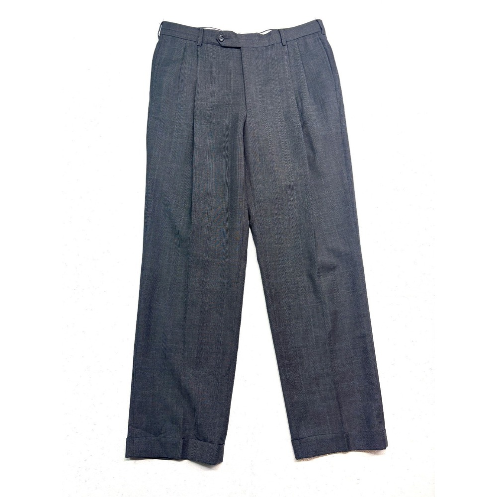 vtg 90s Pleated Trousers 34x30 Charcoal Suit Pants Cuffed High Waisted Wool